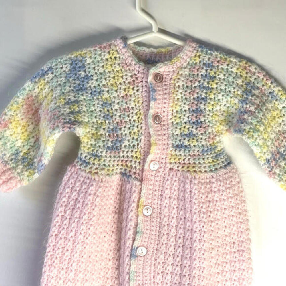 Vintage Handmade Baby Girl Pink Knit Bubble Romper Long Sleeve One Piece - Picture 2 of 6